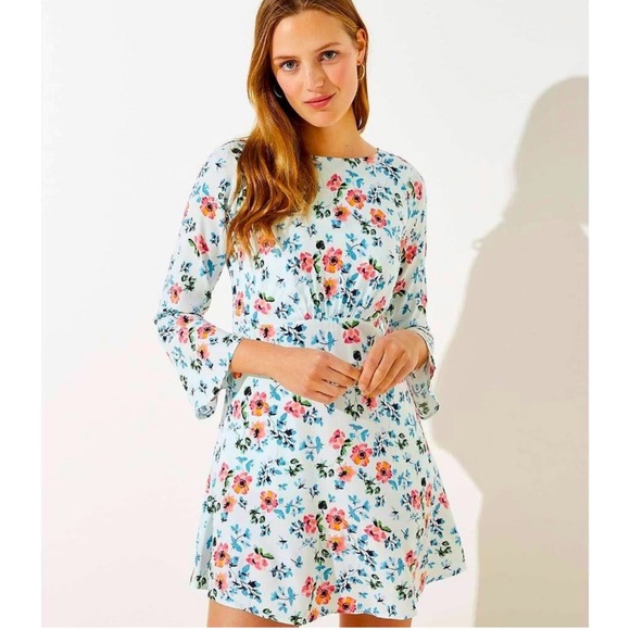NWOT Loft Floral Tie Back Bell Sleeve Dress in Soft Blue Breeze - Picture 3 of 4
